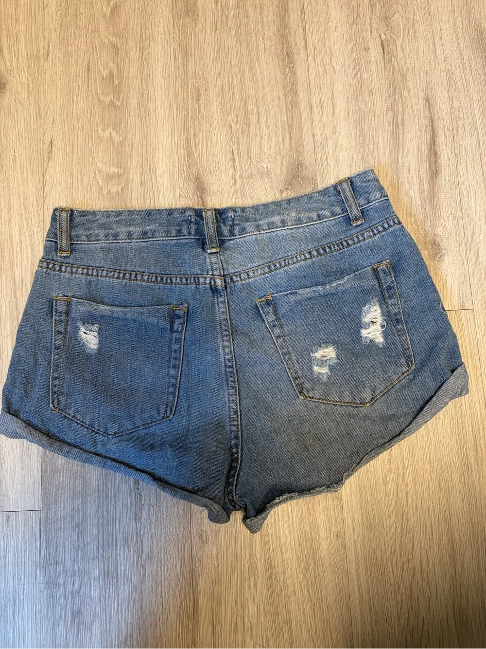 Forever 21 Blue Ripped Roll-Hem Denim Shorts